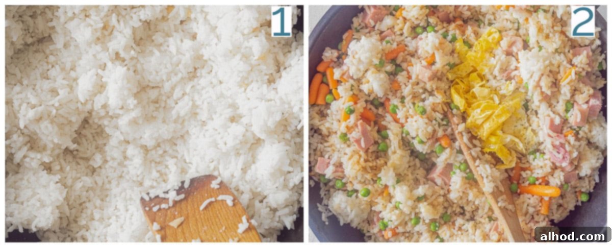 Speedy Ham, Egg, and Vegetable Fried Rice 4 2 photo collage preparation Quick fried rice with ham, egg and vegetables
