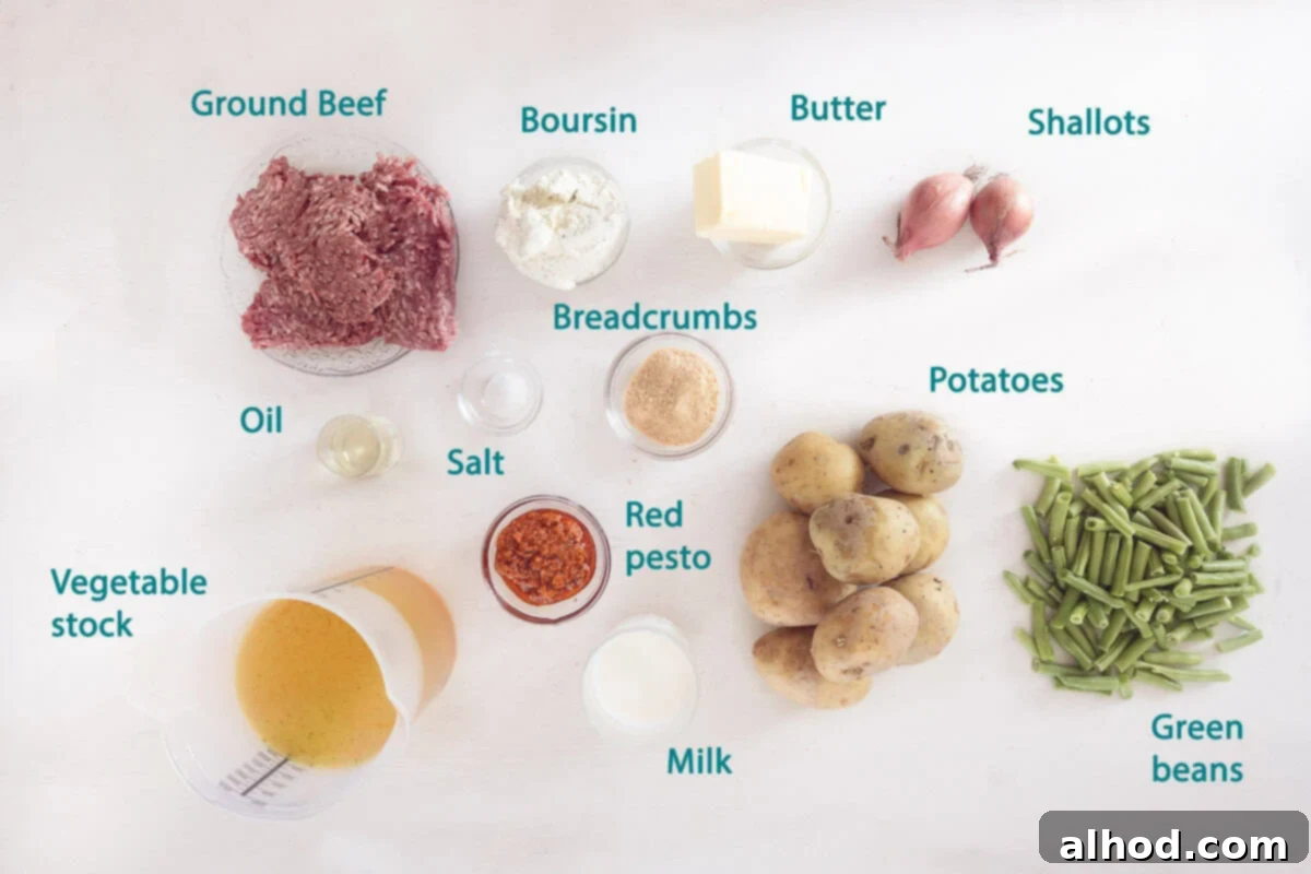 Creamy Boursin Beef and Potato Bake 3 A flat lay image displaying all the fresh ingredients for Green Bean Casserole with ground beef and Boursin Mashed Potatoes on a clean white background, accompanied by text descriptions.