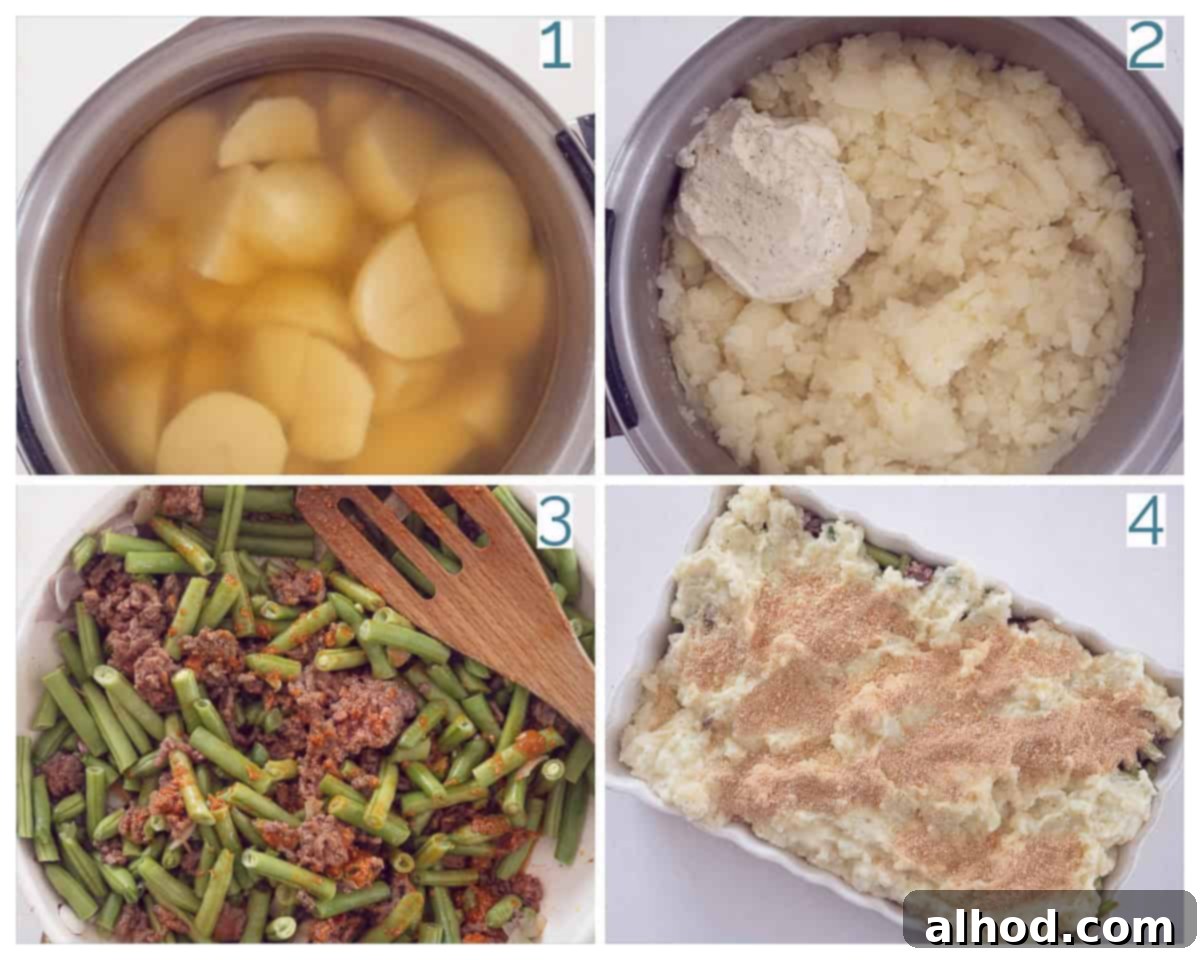 Creamy Boursin Beef and Mashed Potato Casserole 4 A four-panel collage showing the preparation stages of the Boursin Mashed Potato and Beef Casserole: mashing potatoes, cooking ground beef and beans, layering in a dish, and the final baked product.