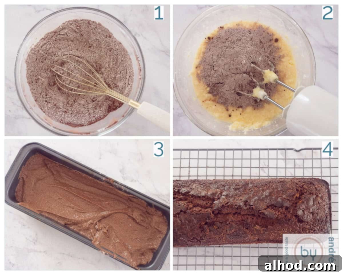 Vanilla-Infused Moist Chocolate Loaf Cake 4 4 collage photo preparation Chocolate cake with Vanilla and Butter