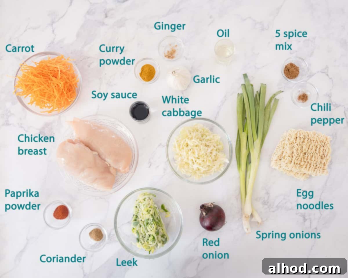 Cantonese Chicken with Egg Noodles Speedy Dinner 3 Ingredients Cantonese Chicken with Noodles on a white marbled background with text description.