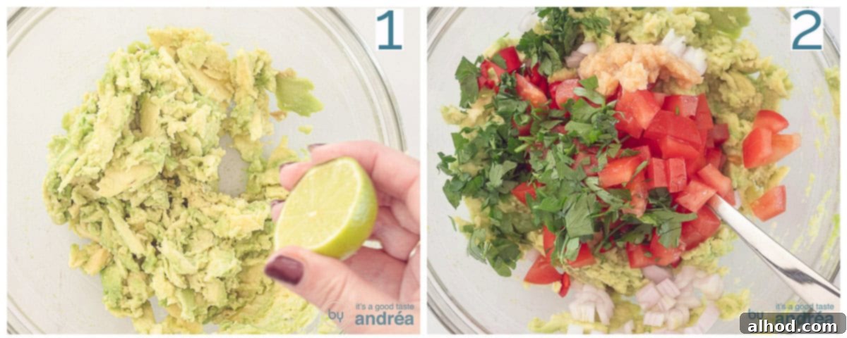 Creamy Avocado & Zesty Lime Guacamole The Perfect Dip 3 2 Photo Collage Preparation Homemade Guacamole Simple and Quick Recipe showing avocado mashing and ingredient mixing