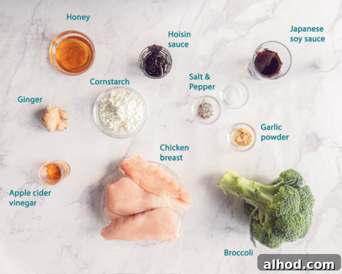 Easy Hoisin Chicken and Broccoli Stir Fry 3 Ingredients Chicken with broccoli in hoisin sauce_ on a white marble background with text.