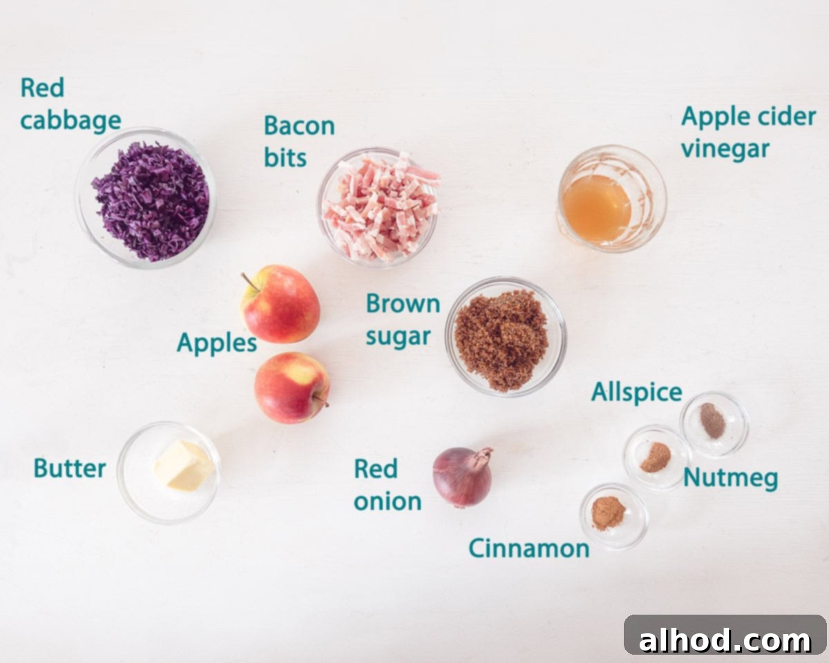 Sweet Sour and Savory German Red Cabbage with Bacon and Apples 3 Ingredients German red cabbage with apple and crispy bacon on a white background with a text description of the ingredient.
