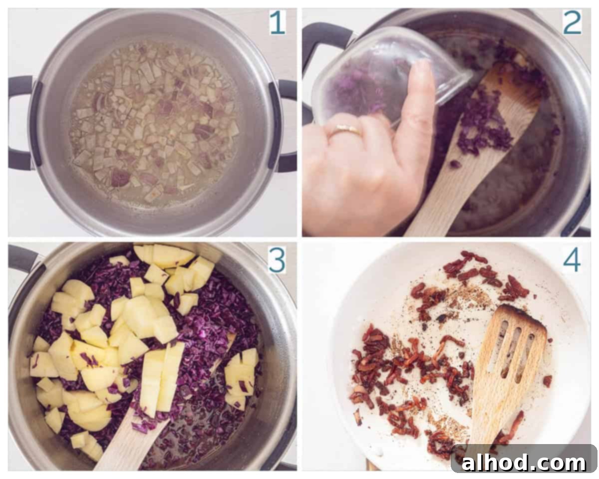 Sweet Sour and Savory German Red Cabbage with Bacon and Apples 4 4 collage photo preparation German red cabbage with apple and crispy bacon