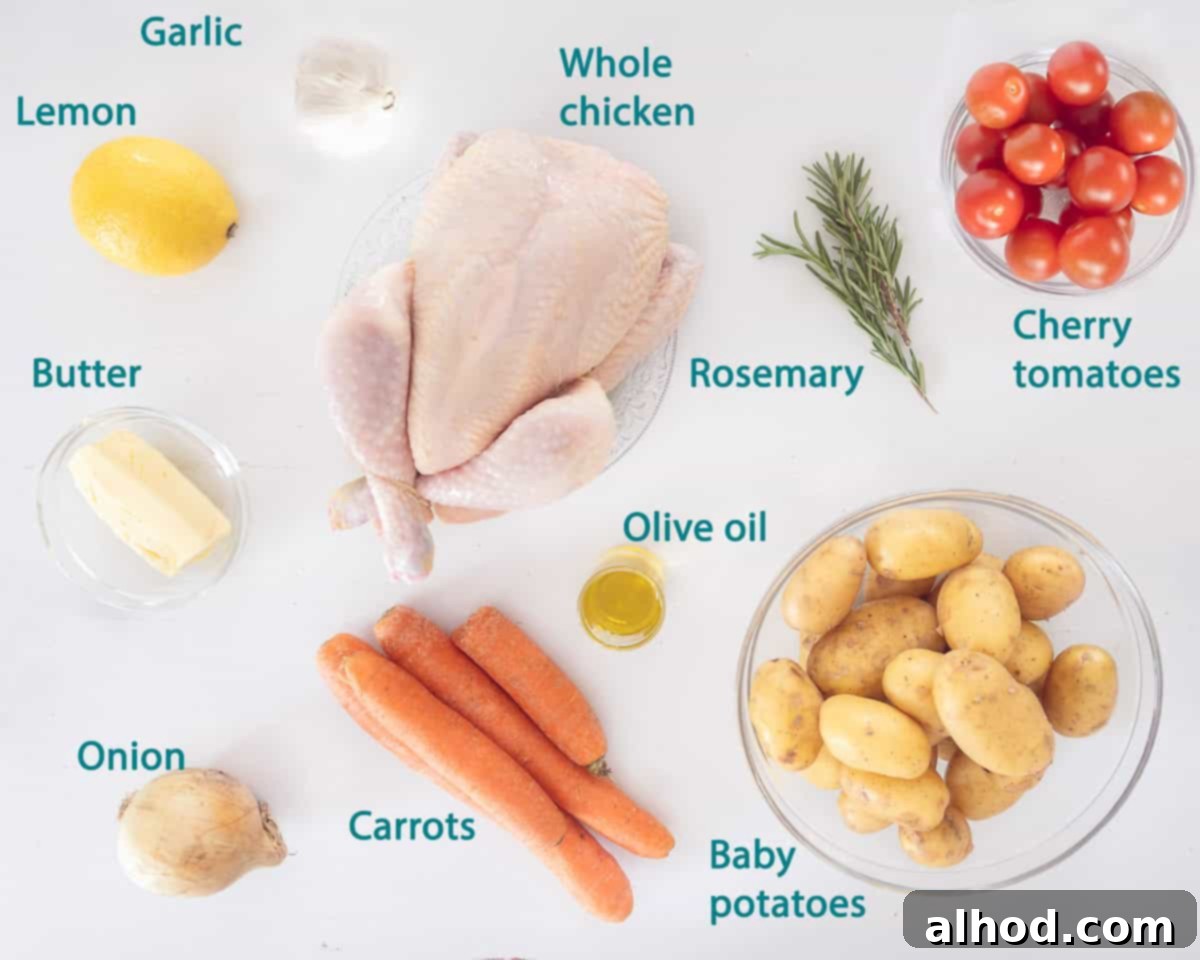 One-Pan Roast Chicken & Potatoes 3 Ingredients for oven-baked chicken with roasted vegetables and potatoes laid out on a white background with a text description, including fresh rosemary, lemon, and whole garlic cloves.