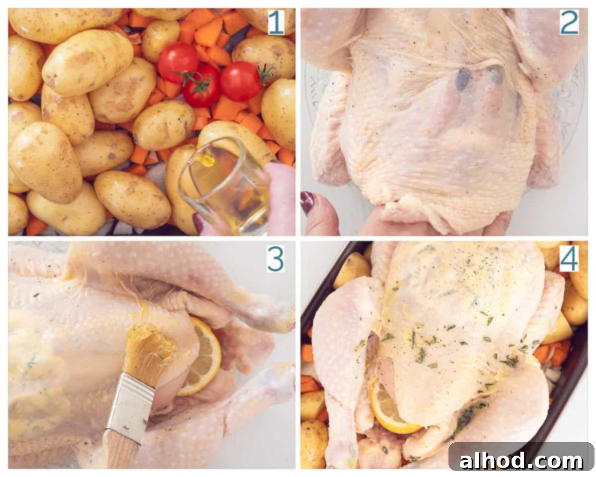 One-Pan Roast Chicken & Potatoes 4 4 collage photo preparation Oven chicken with roasted vegetables and potatoes, showing key steps like seasoning the chicken, mixing vegetables, and assembling the dish in a pan.