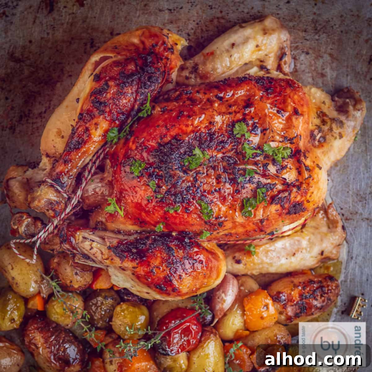 One-Pan Roast Chicken & Potatoes 6 A square photo from above. A chicken on a baking sheet, roasted with, underneath, baby potatoes, vegetables, herbs and garlic. A full, appetizing spread.