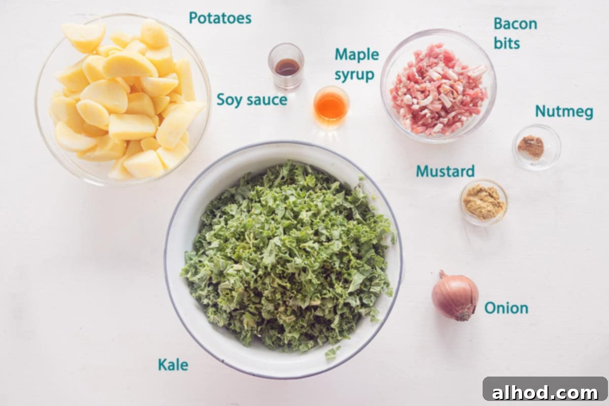 Ingredients Boerenkoolstamppot (Kale mash) on a white background with a text description
