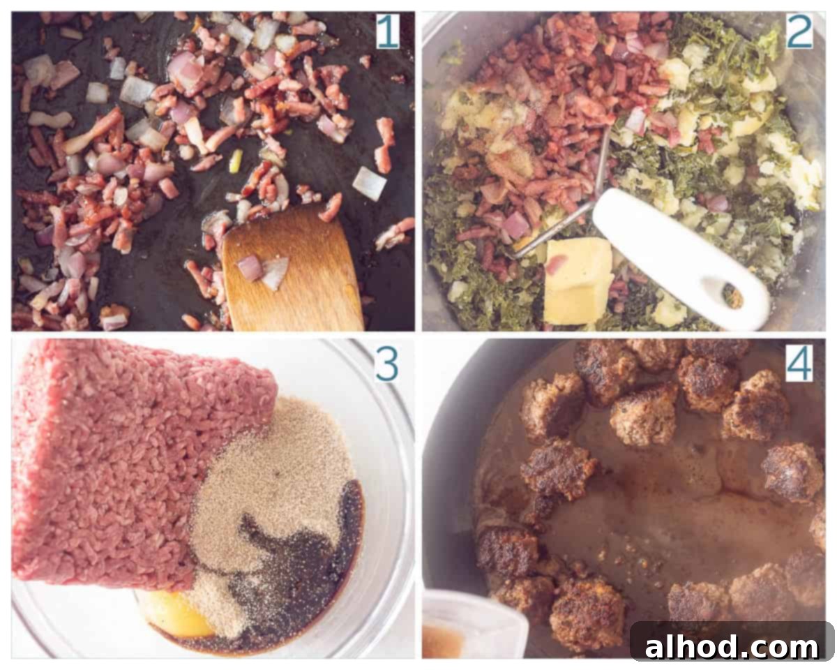 4 collage photo preparation Delicious Kale Mash and Meatballs in Gravy