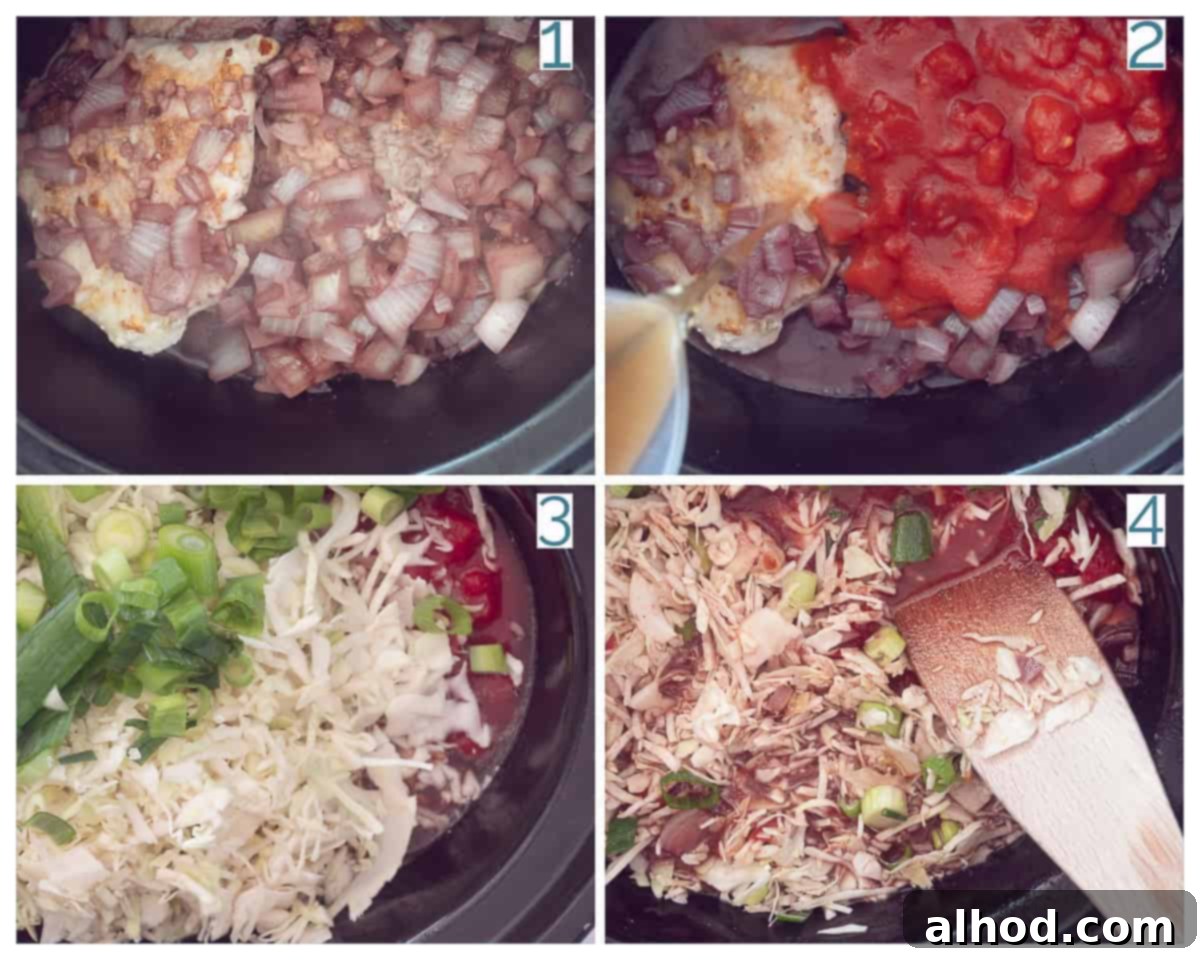 Homestyle Slow Cooker Ham and Cabbage Stew 4 4 collage photo preparation Hamlappen Stew with Pointed Cabbage in the Slowcooker