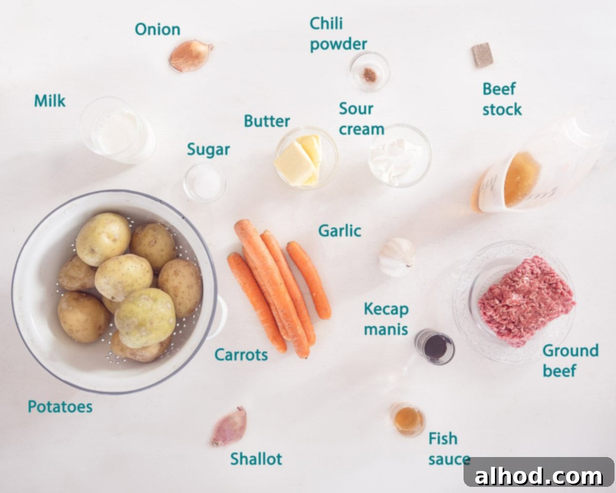 Velvety Dutch Hutspot with Zesty Meatballs 3 Ingredients for Creamy Dutch Wortelstammpot with Spicy Meatballs, neatly arranged on a white background with descriptive text overlays.