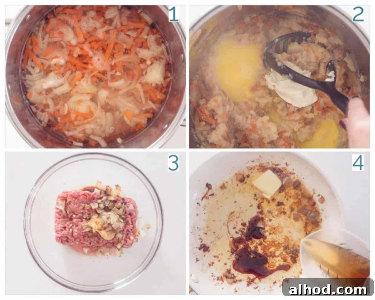 Velvety Dutch Hutspot with Zesty Meatballs 4 4 collage photos demonstrating the preparation process for Creamy Wortelstamppot with Spicy Meatballs: boiling vegetables, mashing, forming meatballs, and frying.