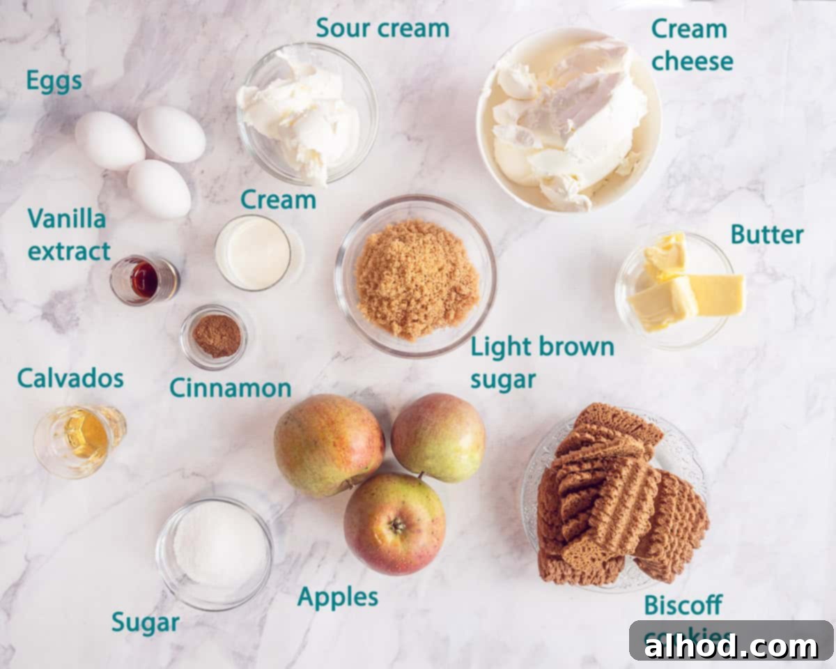 Decadent Caramel Apple Biscoff Cheesecake 3 Ingredients Creamy Cheesecake with Caramelized Apples on a white background with text description.