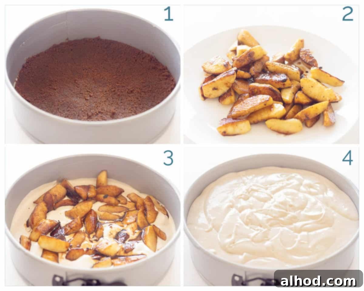 Decadent Caramel Apple Biscoff Cheesecake 4 4 collage photo preparation Creamy Cheesecake with Caramelized Apples
