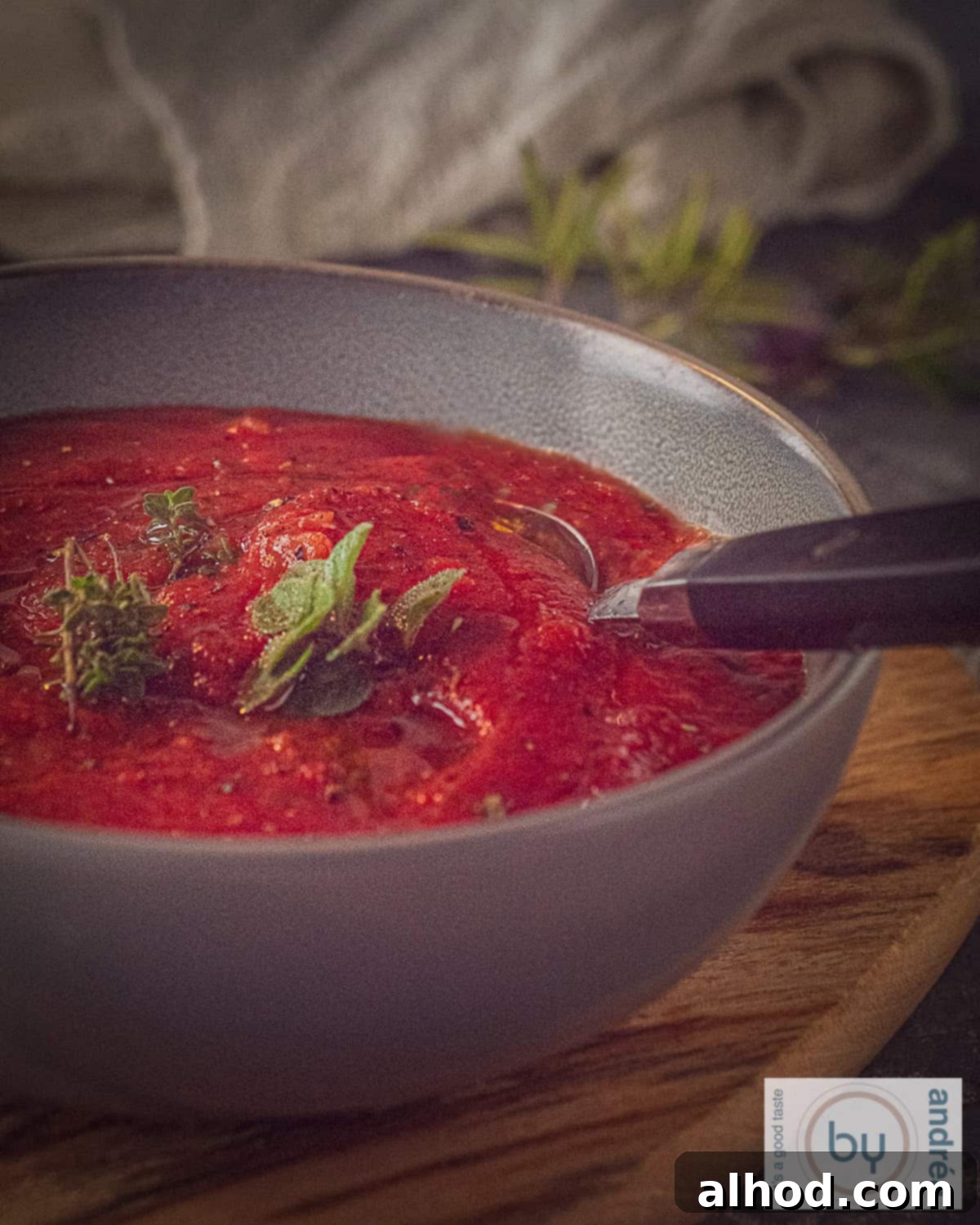 Part of a gray bowl filled with pizza tomato sauce, garnished with fresh herbs. A black spoon stands in the sauce.