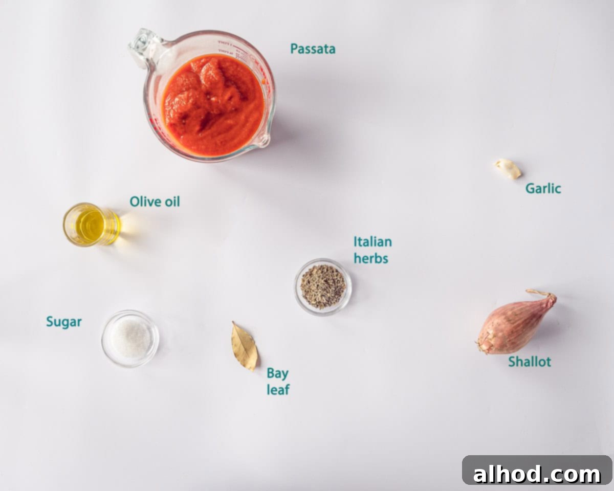 Ingredients The Perfect Italian Pizza Sauce in 10 Minutes on a white background. A text description is available with the ingredients.