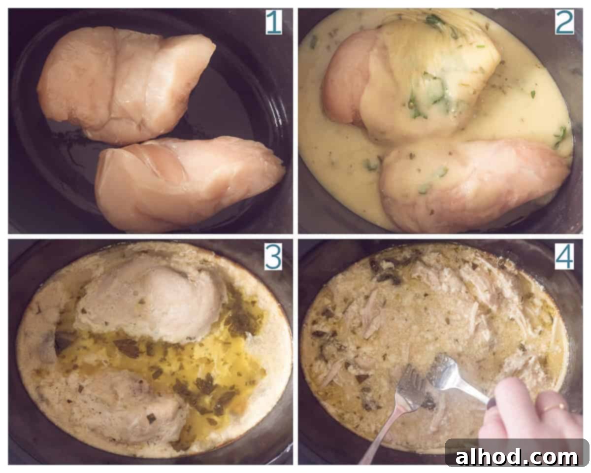Creamy Garlic Parmesan Chicken and Fusilli in the Slow Cooker 4 A 4-panel collage photo illustrating the preparation steps for Slow Cooker Chicken with Garlic Parmesan Sauce.