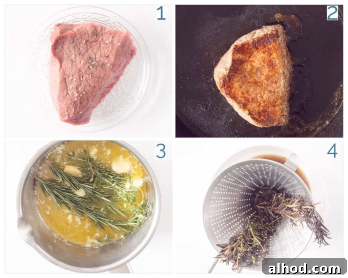 Succulent Roast Beef with Aromatic Herb Garlic Butter 4 4 collage photo Tender Roast Beef from the Oven with Rosemary Butter