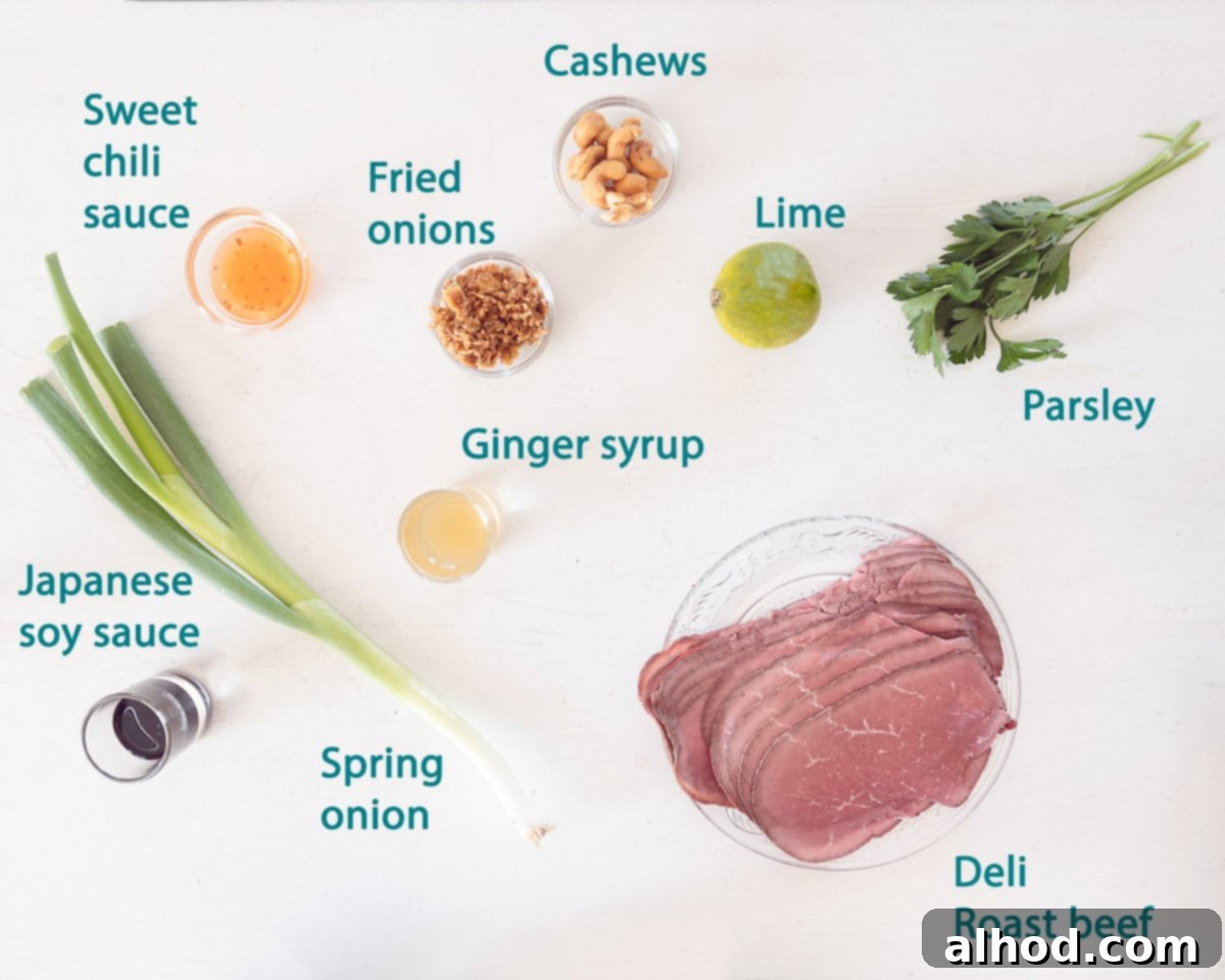 Savory Asian Roast Beef Salad with Irresistible Crunch 3 Ingredients Quick Roast Beef Salad with Asian Dressing on a white background with text description