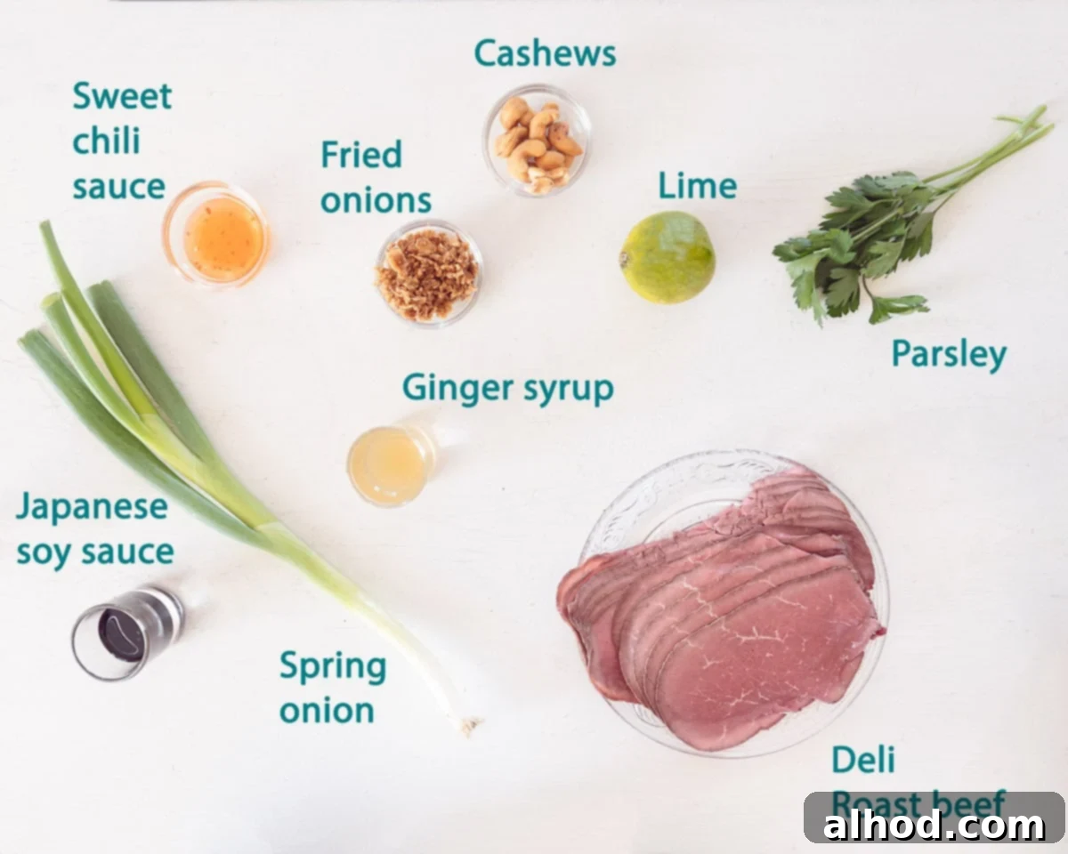 Crispy Asian Roast Beef Salad 3 Ingredients Quick Roast Beef Salad with Asian Dressing on a white background with text description