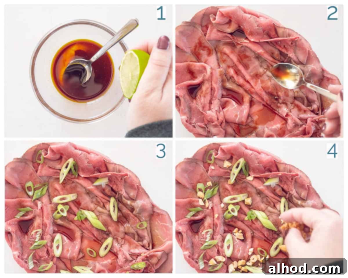 Savory Asian Roast Beef Salad with Irresistible Crunch 4 4 collage photo Quick Roast Beef Salad with Asian Dressing