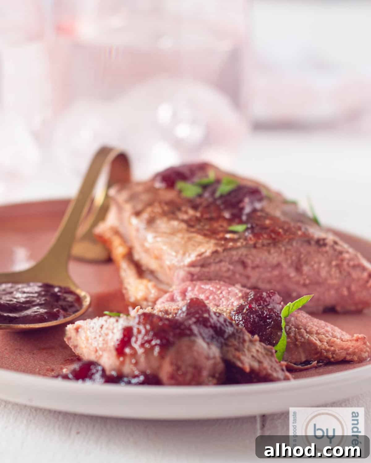 Golden Seared Duck with Ruby Cranberry Compote 2 A pink plate with duck breast fillet, a few slices cut off and homemade cranberry sauce.
