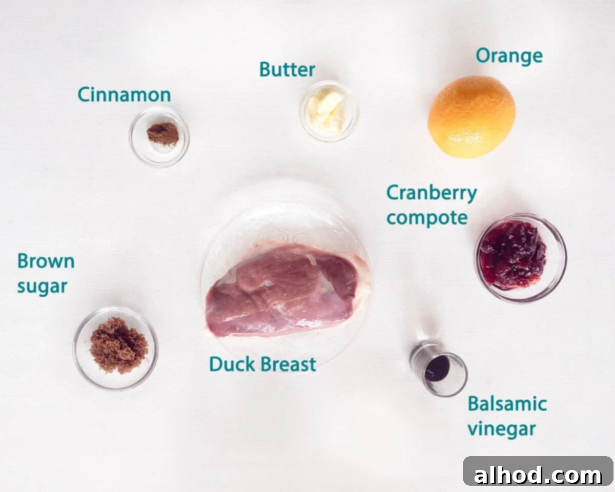 Golden Seared Duck with Ruby Cranberry Compote 3 Ingredients Perfectly fried Duck Breast with Cranberry Sauce on a white background with text description