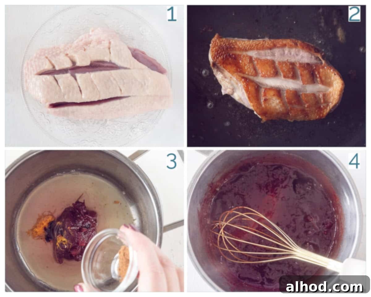 Golden Seared Duck with Ruby Cranberry Compote 4 4 collage photo Perfectly Baked Duck Breast with Cranberry Sauce