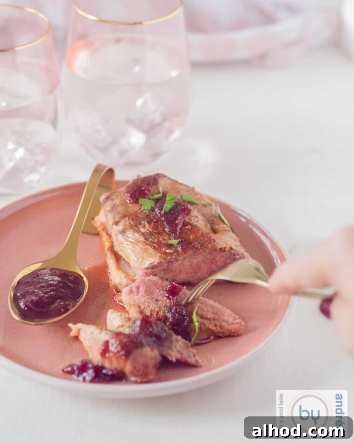 Golden Seared Duck with Ruby Cranberry Compote 5 An height photo of a pink plate with slices of duck breast with cranberry sauce. A fork is poking the meat