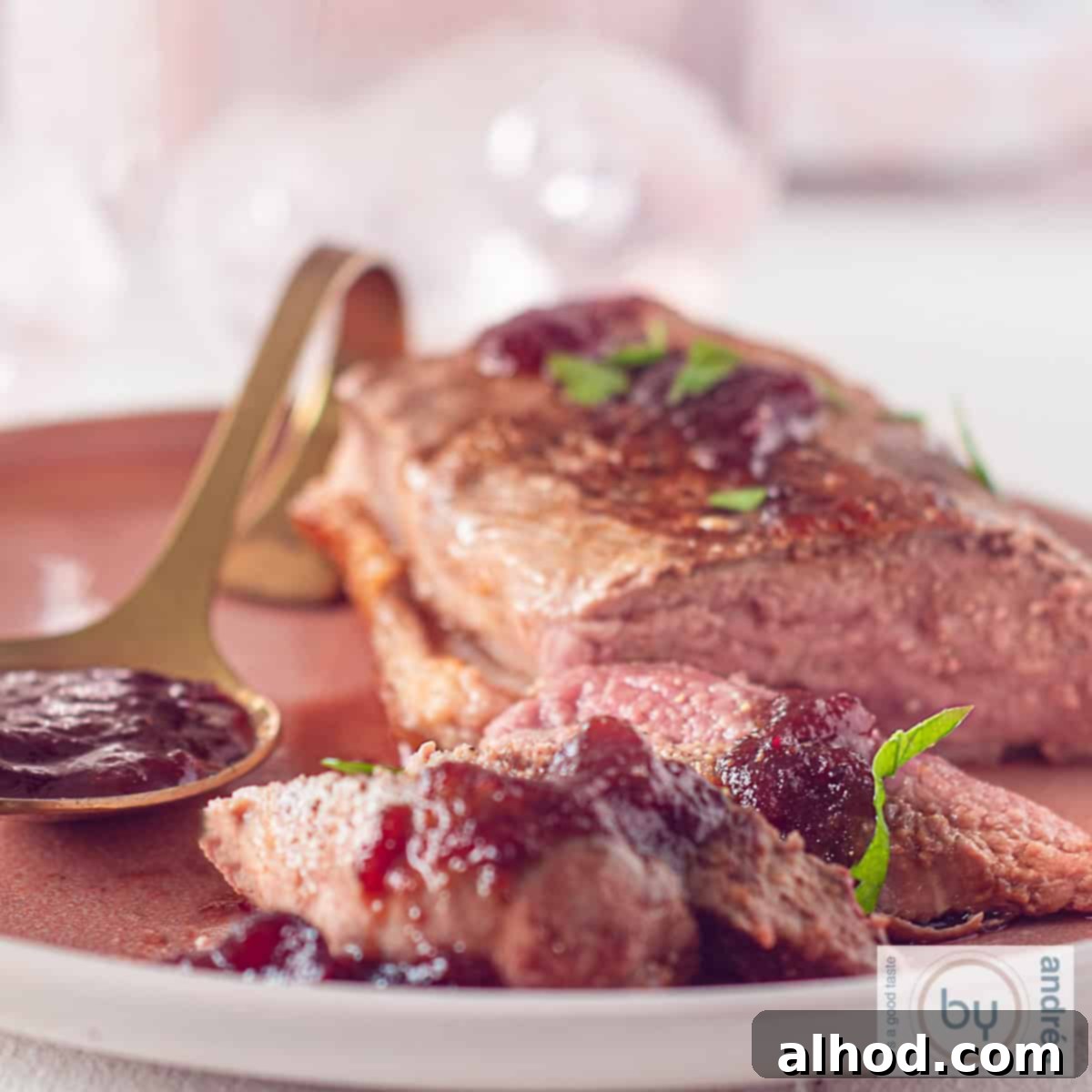 Golden Seared Duck with Ruby Cranberry Compote 6 A square picture with fried duck breast with cranberry sauce on a pink plate