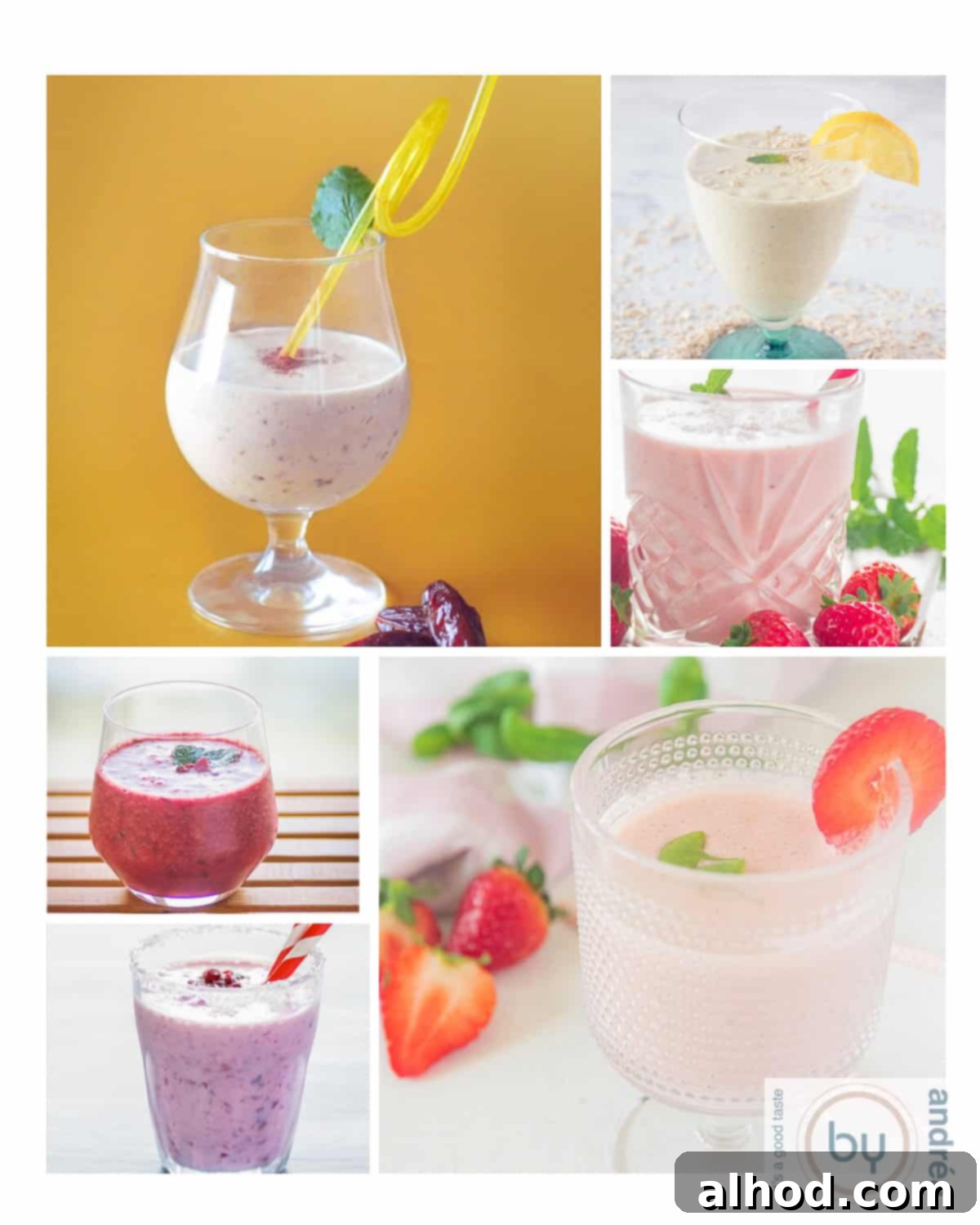 8 Delicious and Healthy Smoothies to Kickstart Your Day 2 A height photo with a six photo collage of smoothies, showcasing a variety of colorful and healthy smoothie options.