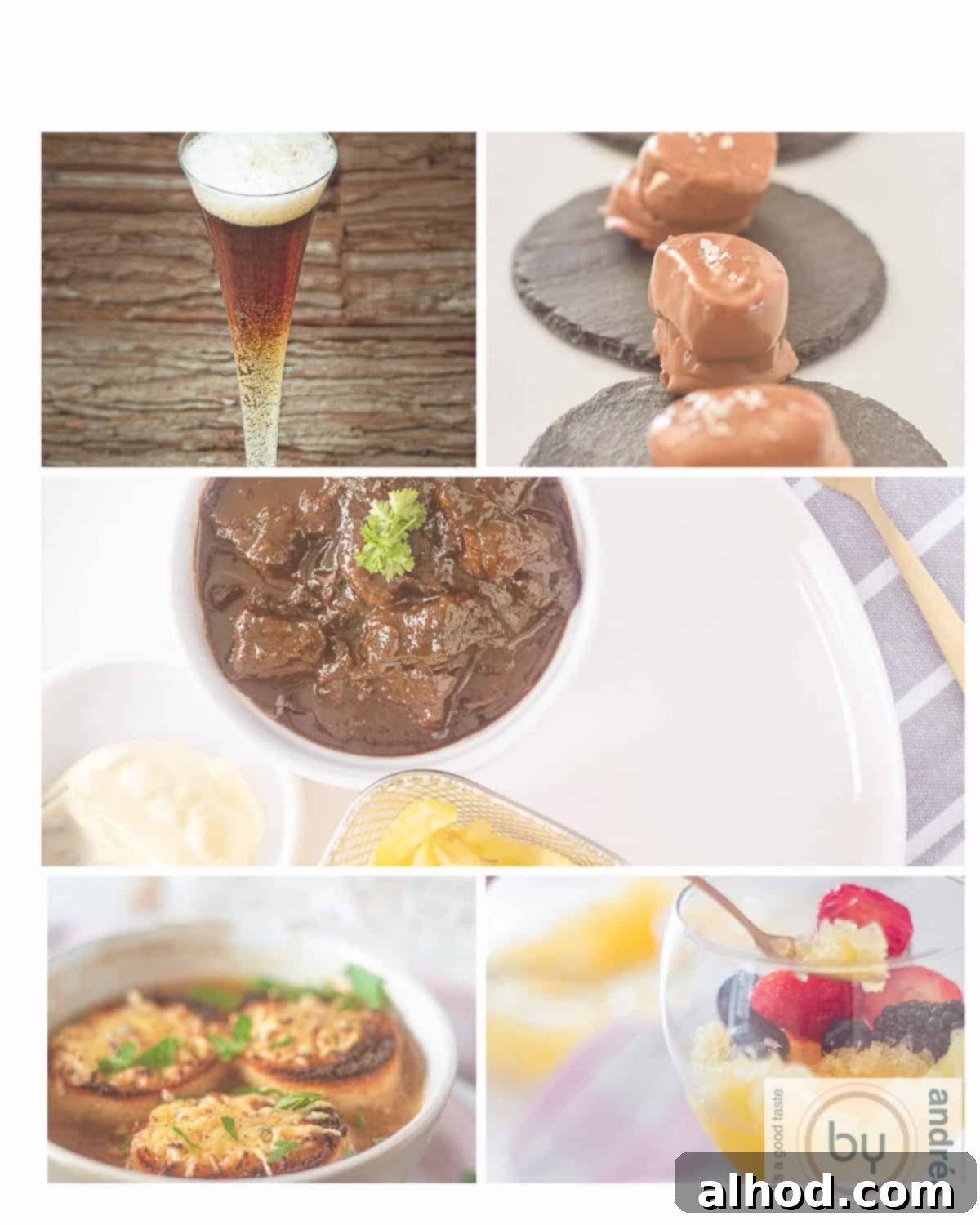 Father's Day Feast for Dad 2 A vibrant collage of five enticing beer-inspired recipes, perfect for Father's Day, showcasing a beer cocktail, chocolate marshmallows, onion soup, sour meat, and beer sorbet.