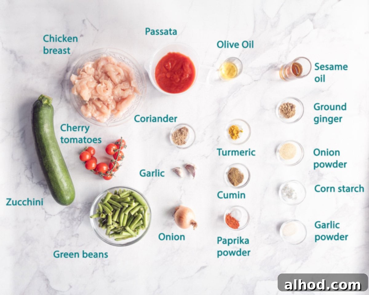 Whip Up Easy Chicken Jalfrezi: Dinner in Minutes 3 A flat lay photograph showcasing the fresh and vibrant ingredients needed for Easy Chicken Jalfrezi, including chicken, various vegetables, and an array of spices, neatly arranged on a white marble background.