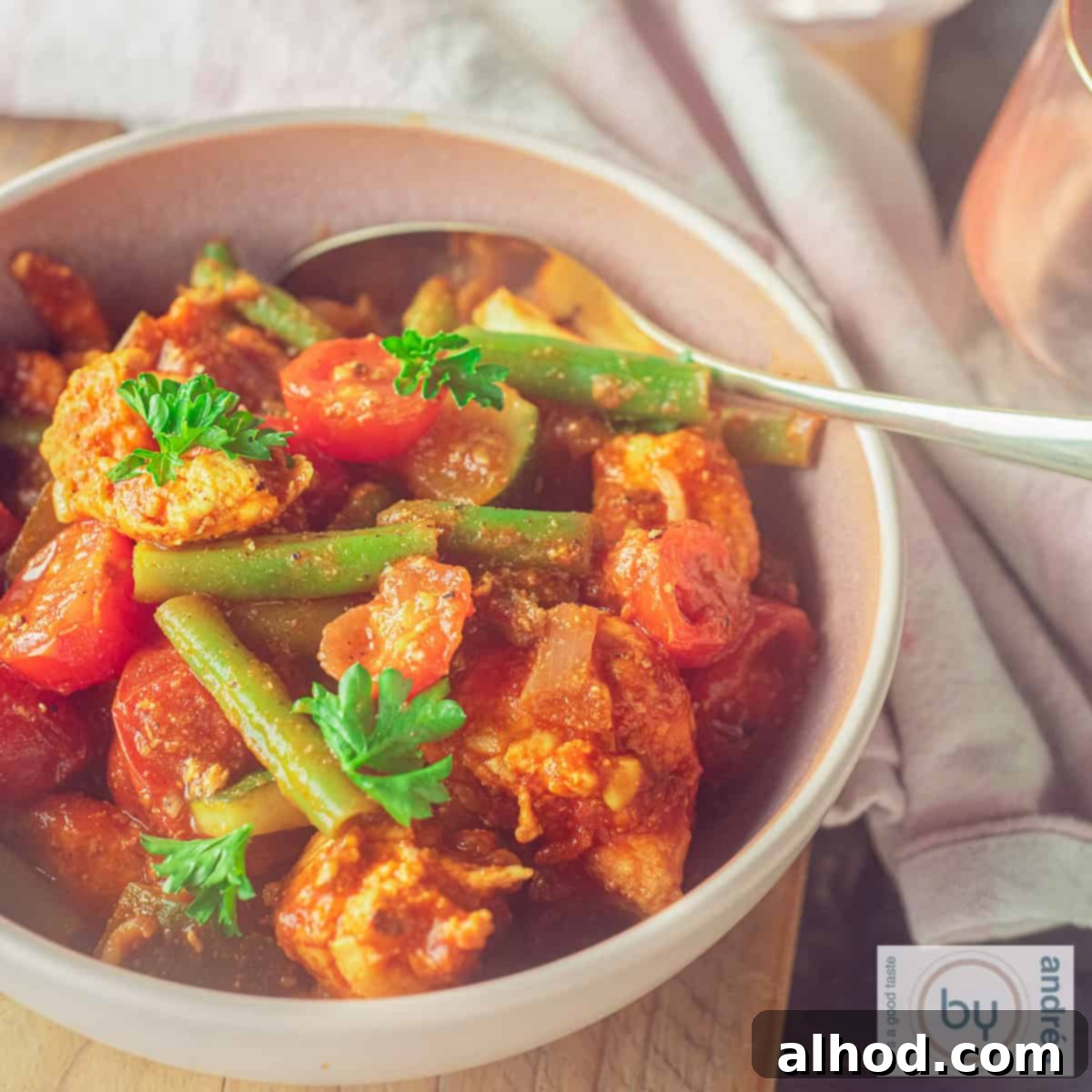 Whip Up Easy Chicken Jalfrezi: Dinner in Minutes 9 A square photo with a pink bowl with chicken cubes, beans, tomatoes and zucchini in a spicy sauce.