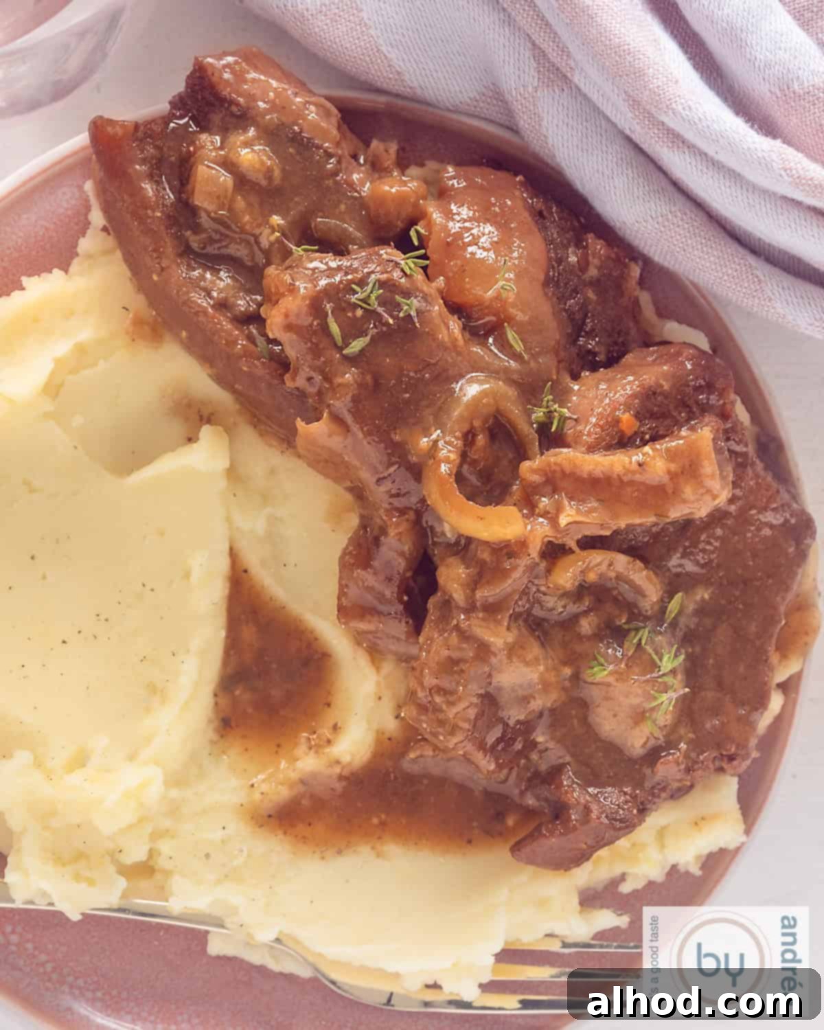 Melt-in-Your-Mouth Slow Cooker Dutch Sukadelapjes 8 A photo taken from above of a pink plate with mashed potatoes, bladesteaks and gravy
