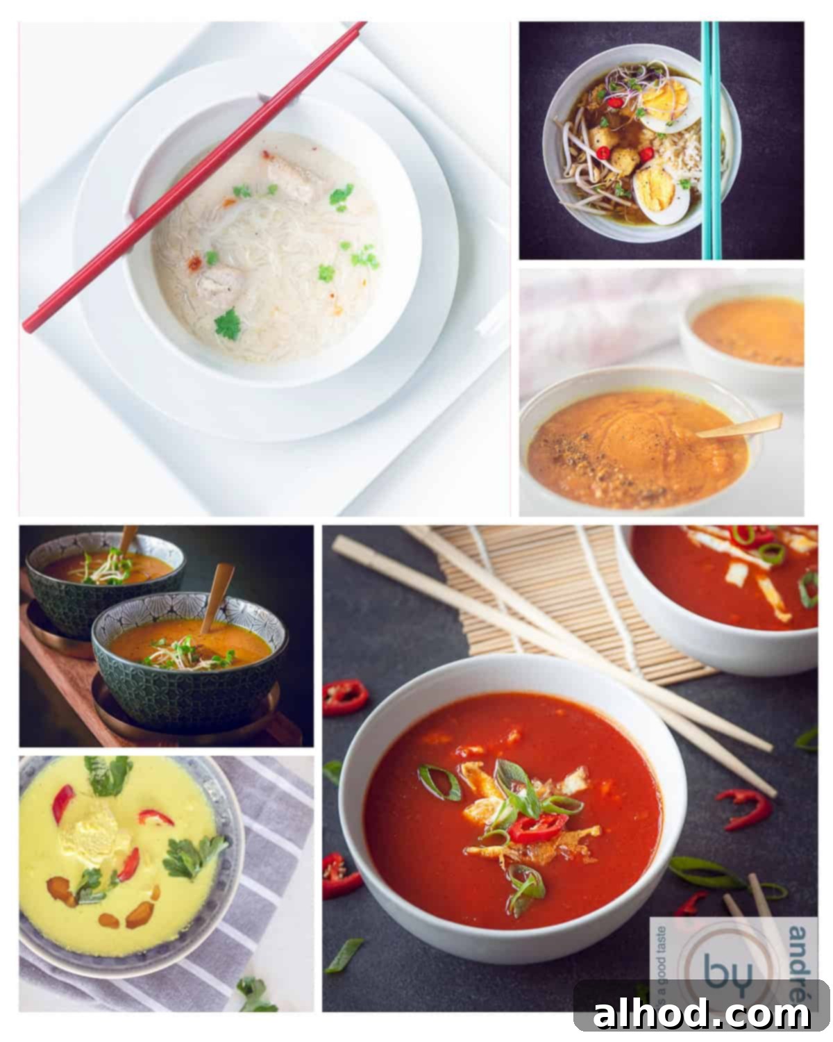 7 Incredible Asian Soups You Need to Taste 2 A collage of six vibrant Asian soup dishes, showcasing a variety of ingredients and garnishes in different bowls, highlighting the diversity and appeal of Oriental cuisine.