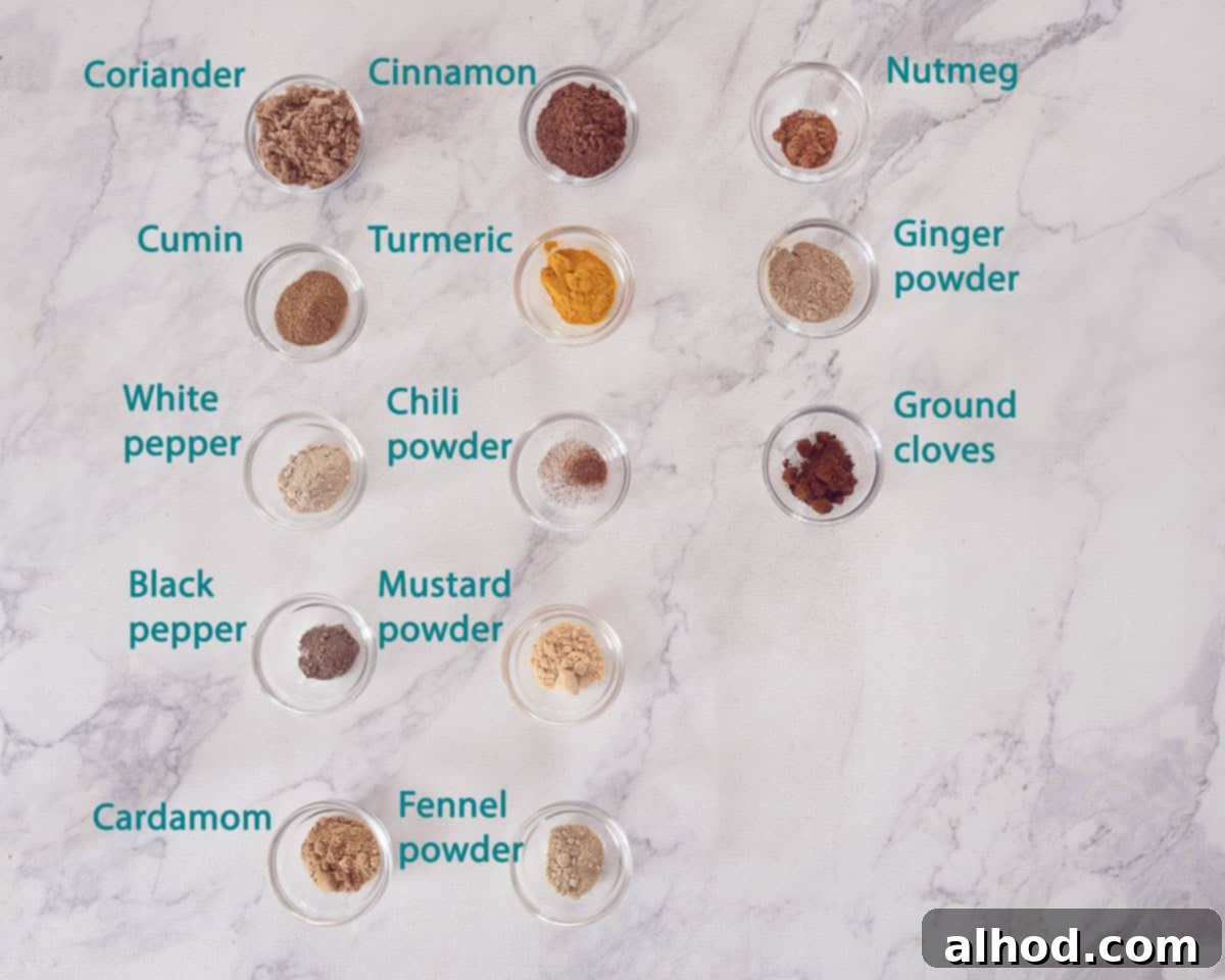 Authentic Homemade Madras Curry Blend 3 An overhead shot showcasing individual mounds of various spices, clearly labeled, arranged on a pristine white marble background. These are the ingredients for Homemade Curry Madras Spice Mix.
