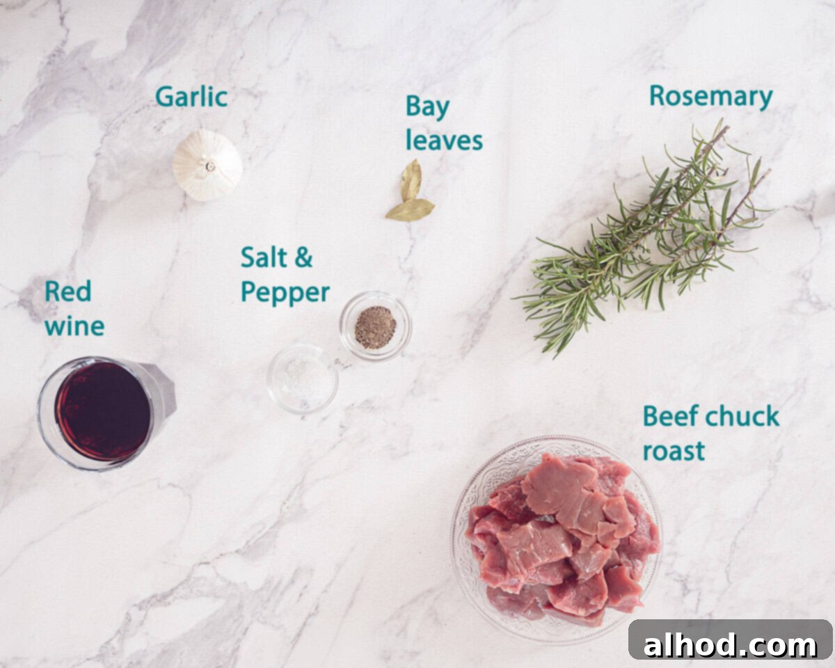 Peposo Tuscan Red Wine Beef Stew 3 Ingredients Peposo- Italian Slow-Cooked Beef in Red Wine on a white marble background. A text description is there