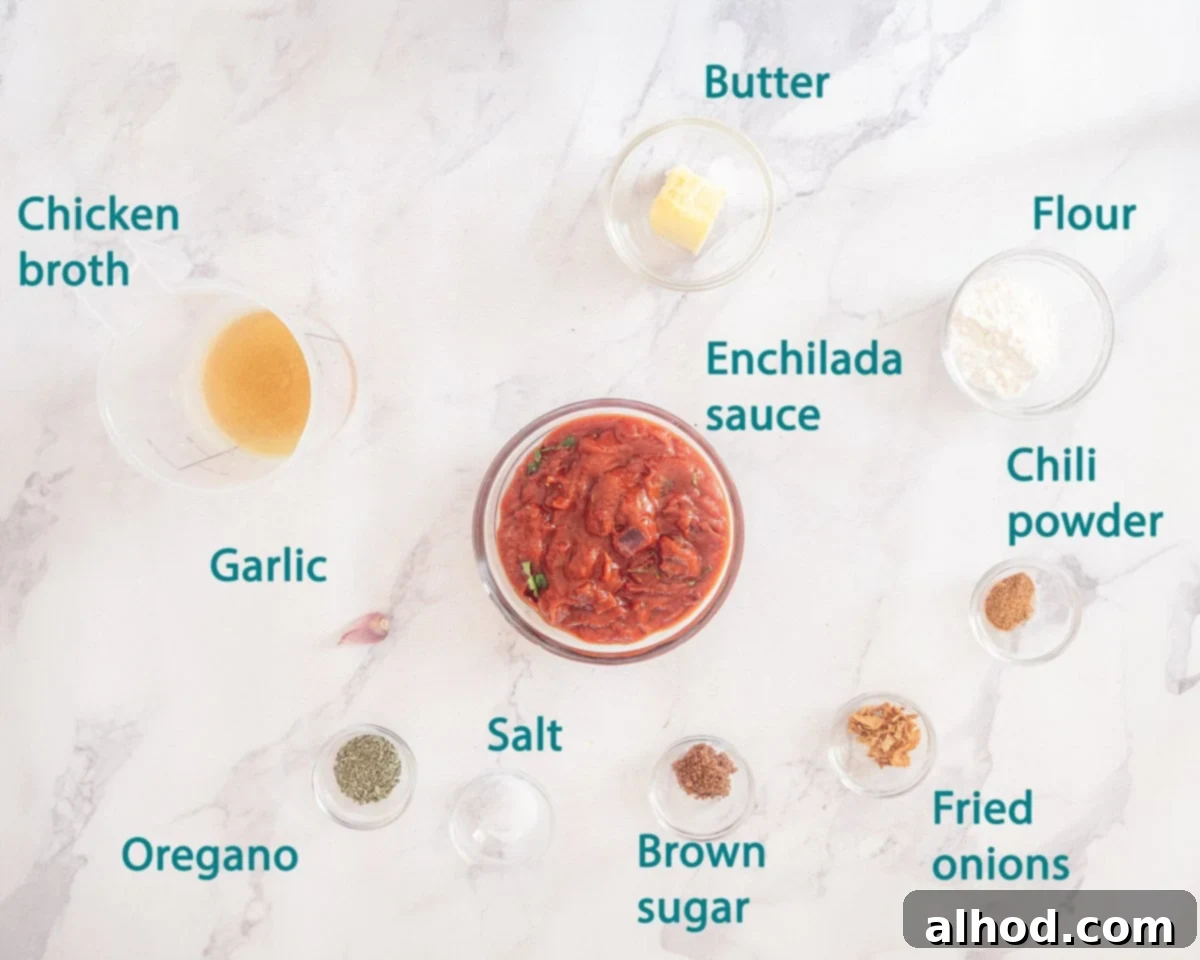 Ultimate Cheesy Beef Enchiladas with a Kick 3 Ingredients for a delicious enchilada sauce casserole, laid out on a white background with descriptive text.