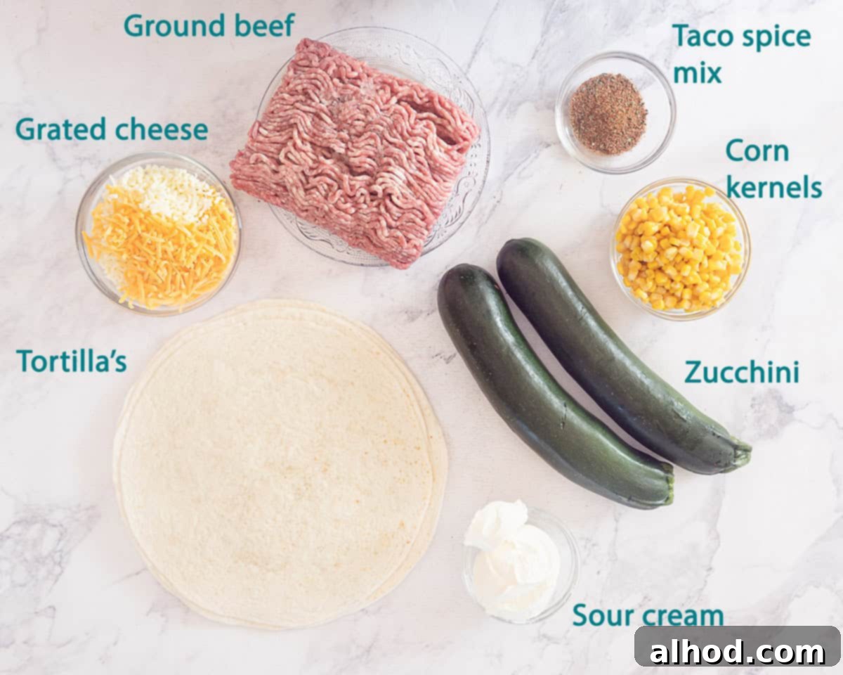 Ultimate Cheesy Beef Enchiladas with a Kick 4 Ingredients for cheesy beef enchiladas with spicy sauce, arranged on a clean white background with descriptive text, showcasing the fresh produce and vibrant spices.