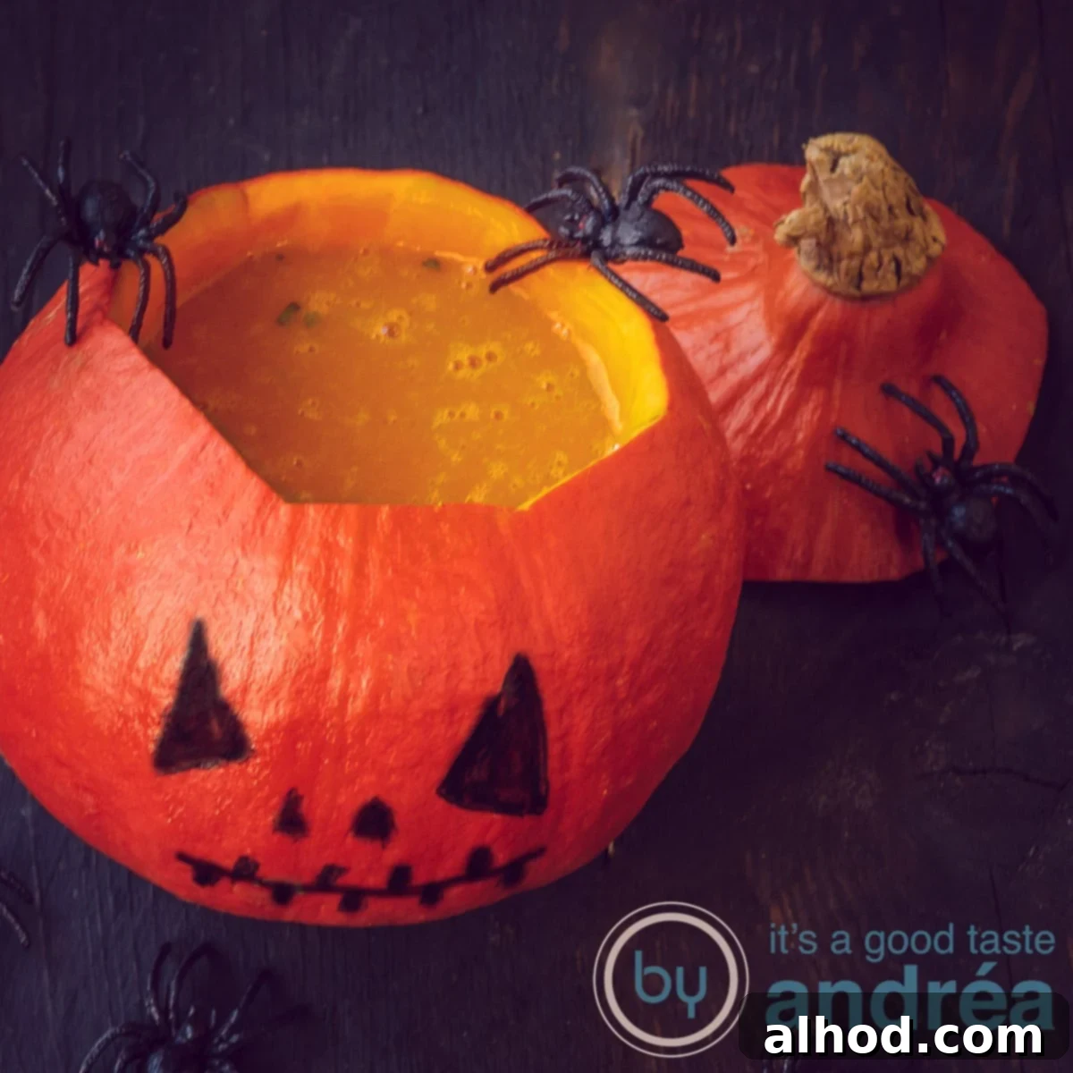9 Veggie Packed Soups for a Slimmer You 9 an orange pumpkin filled with pumpkin soup and spiders