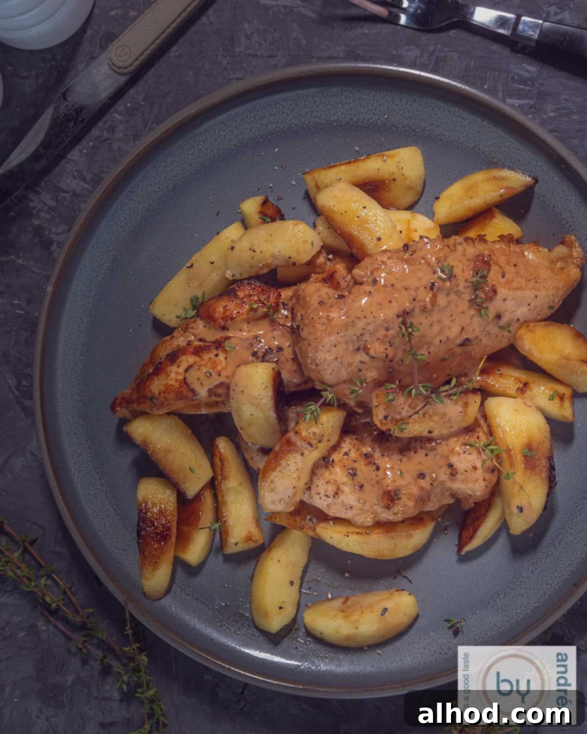 Rustic Norman Chicken with Apples and Cider 3 A close-up view of a serving of Chicken a la Normande on a dark plate, showing the rich creamy sauce, succulent chicken, and tender apples.
