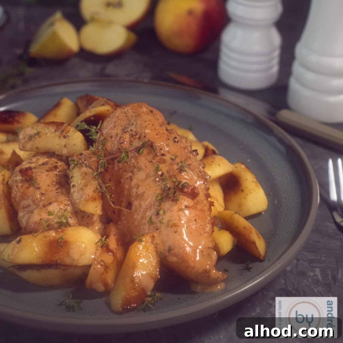 Rustic Norman Chicken with Apples and Cider 4 A square photo with a gray plate with chicken fillet with sauce and apples, presented beautifully.