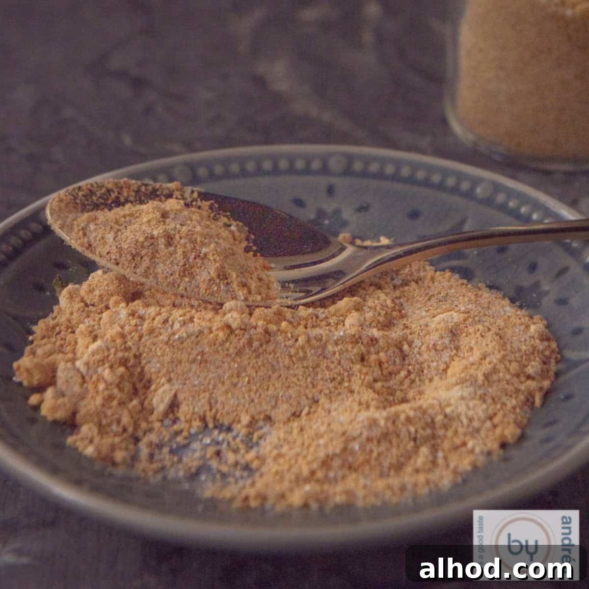 The Perfect Babi Pangang Spice Blend 4 A square photo of a gray plate with babi pangang spice mix that you made yourself.