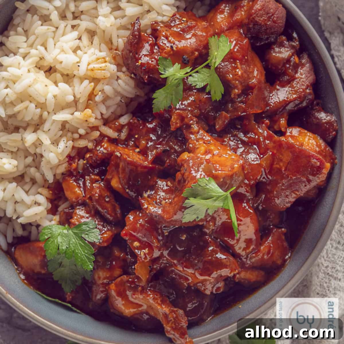 Slow Cooker Indonesian Ajam Pangang 4 A square photo with a gray bowl of fluffy rice and tender Ajam Pangang chicken, ready to serve.
