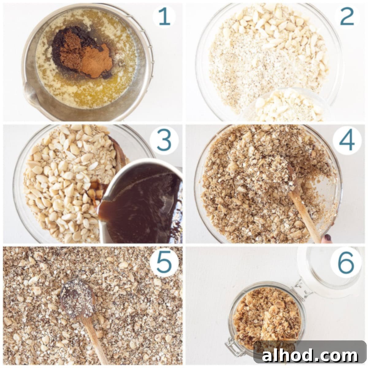 Homemade Almond Coconut Granola Made Simple 3 Six step-by-step images showing the preparation of coconut almond granola, from mixing ingredients to baking and cooling.