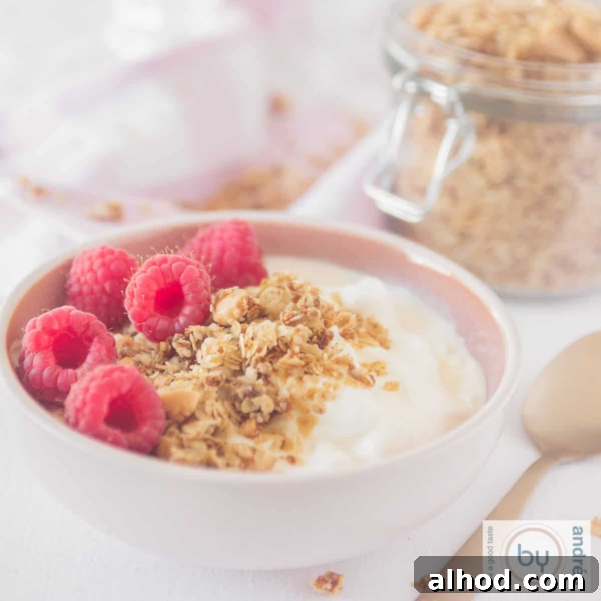 Homemade Almond Coconut Granola Made Simple 5 A square picture with a pink bowl filled with yogurt, raspberries and almond coconut granola. Some more granola is in the background.
