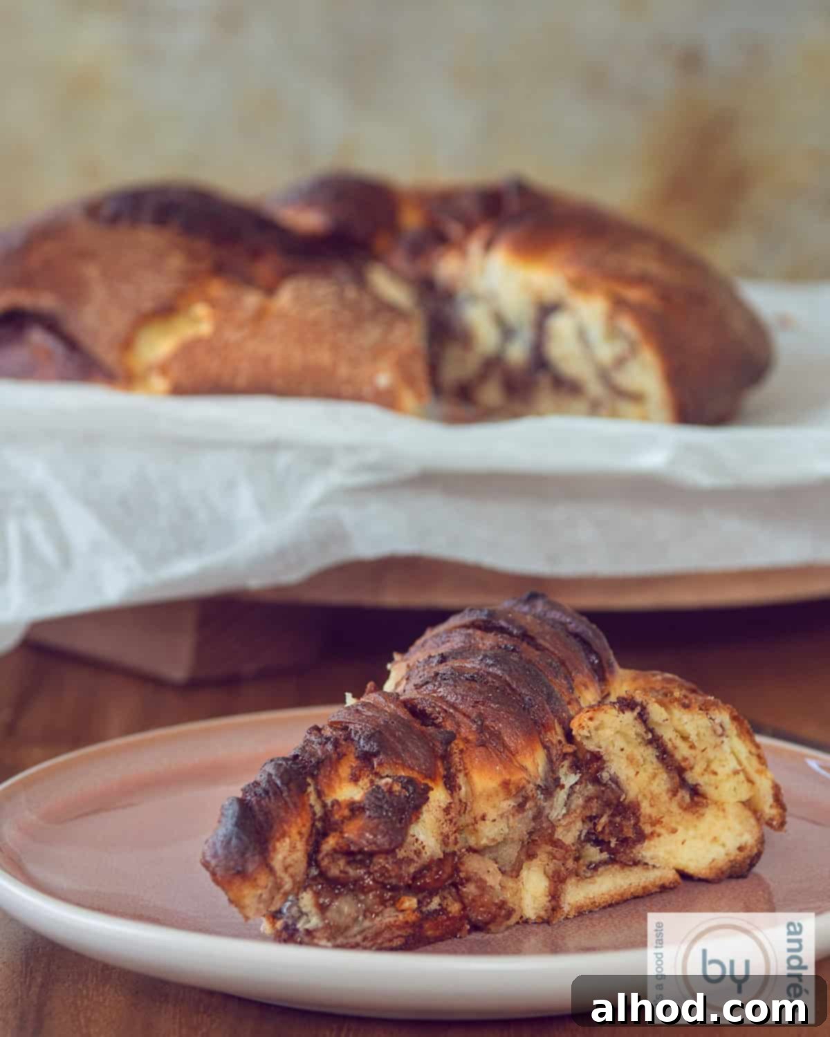 Chocolate Hazelnut Swirl Bread 3 A pink plate with a slice of Nutella Twist Bread, homemade. Some more bread in the background.