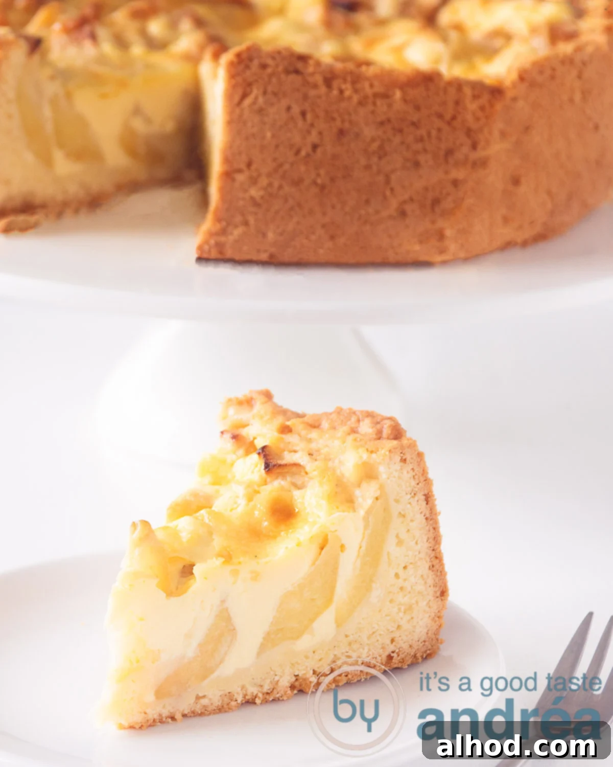 Classic Apple Custard Pie 5 A piece of apple pie with custard on a white plate on a white background. In the bake the remaining cake